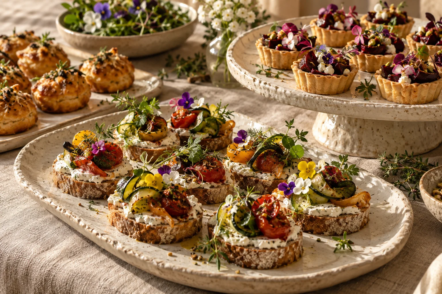 Auswahl kleiner Fingerfood-Kreationen auf Keramikplatten