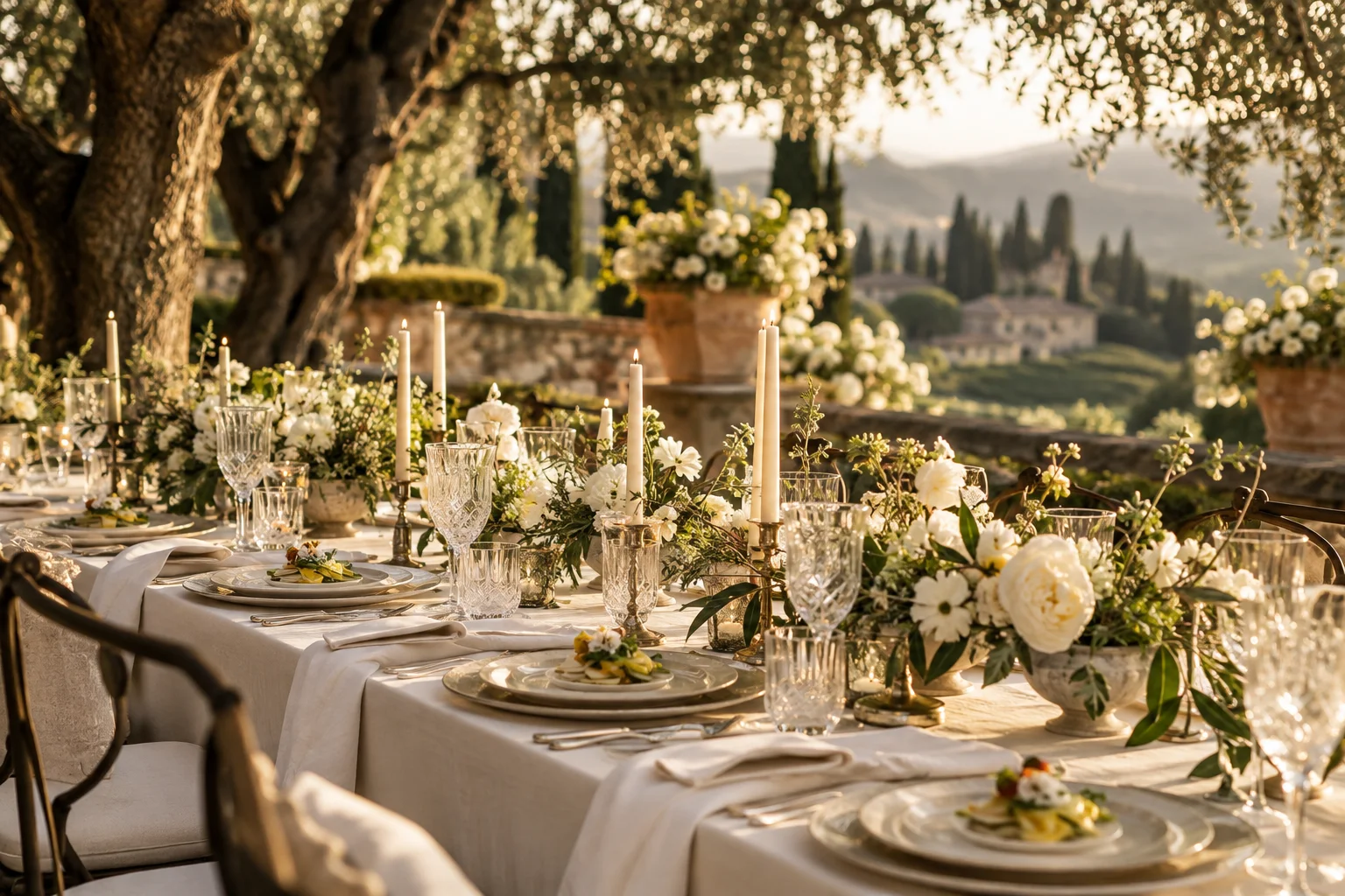 Stilvoll gedeckter Hochzeitstisch im Garten